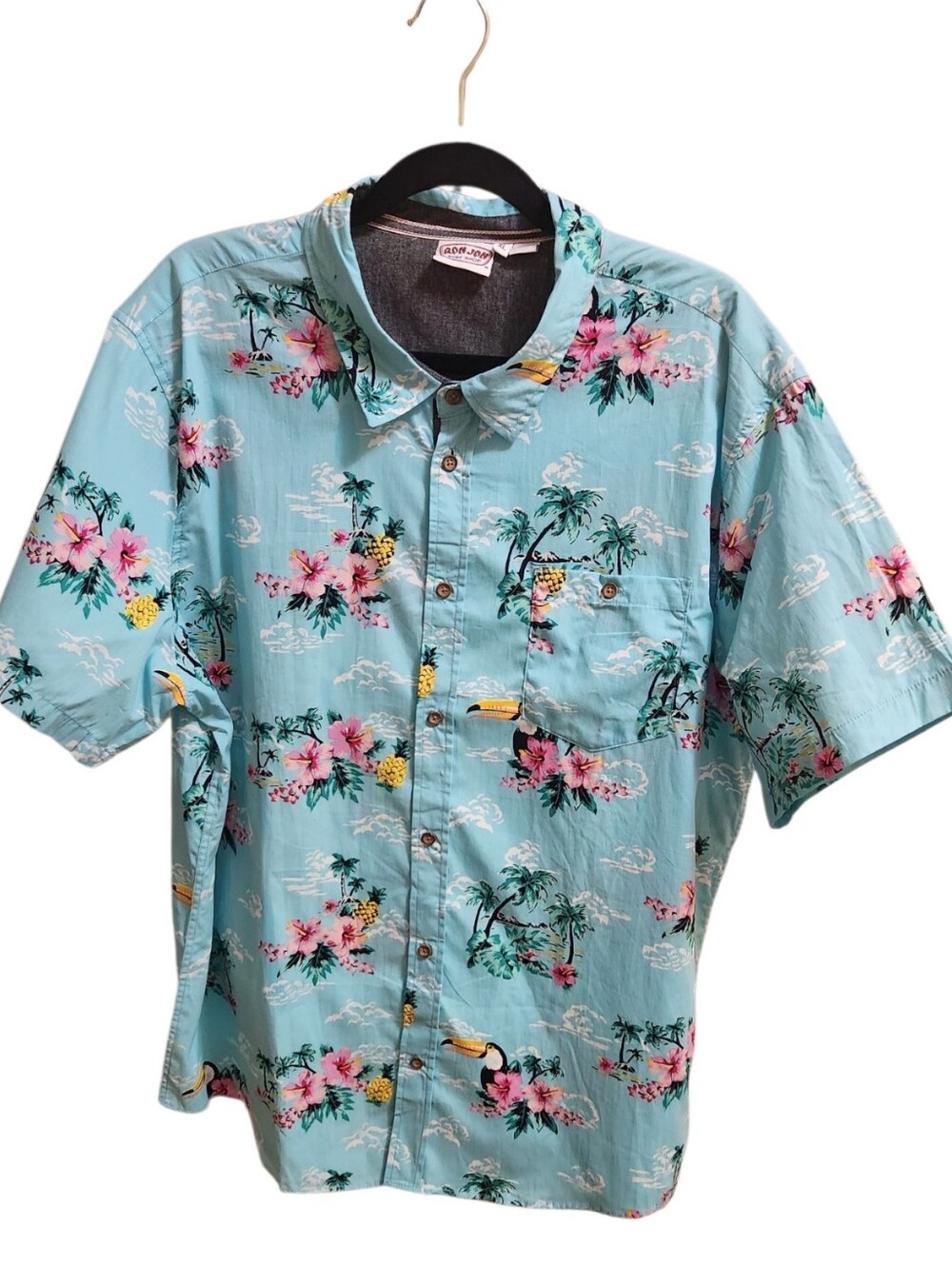 Ron Jon Men's Casual Light Blue Tropical Floral Short-Sleeve Shirt